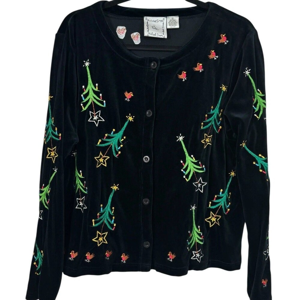 Vintage Michael Simon Lite Black Velvet Embroidered Christmas Tree Cardigan M